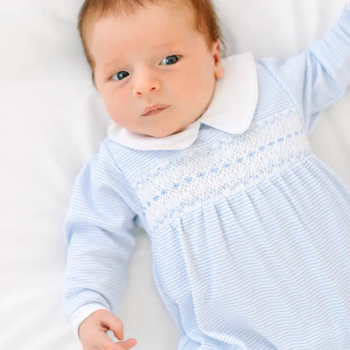 Benjamin Smocked Collared Footie - Lt. Blue Baby Sleepwear Magnolia Baby