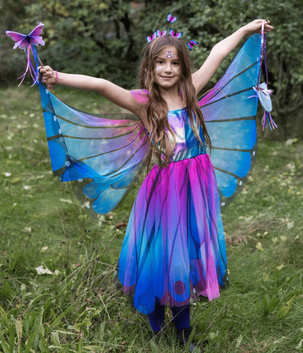 Blue Butterfly Twirl Dress w/ Wings & Headband Kids Jewelry Great Pretenders