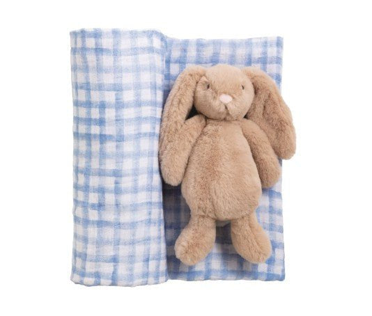 Blue Check Swaddle & Rattle Set Baby Accessories Mudpie