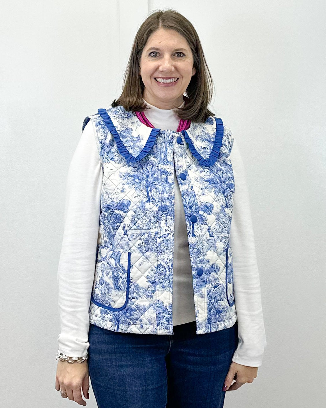 Bluebell Toile Quilted Vest - Blue Tops Umgee