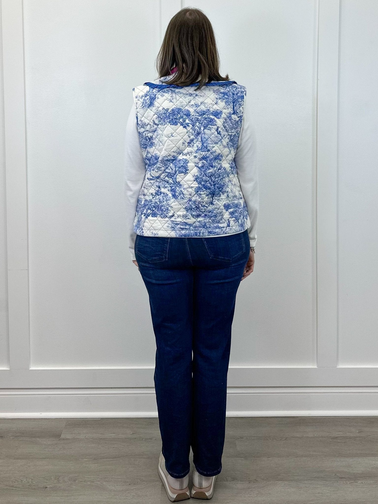 Bluebell Toile Quilted Vest - Blue Tops Umgee