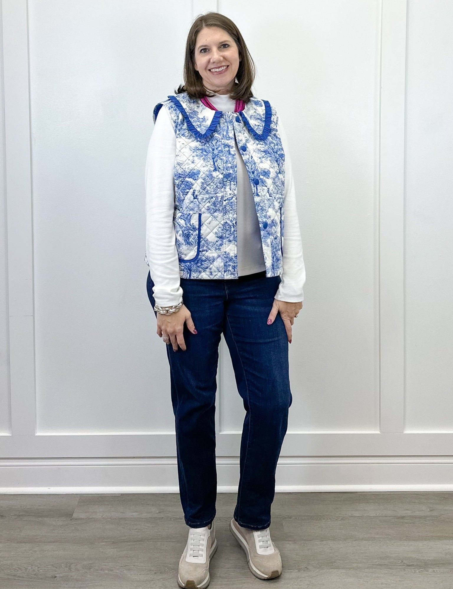 Bluebell Toile Quilted Vest - Blue Tops Umgee