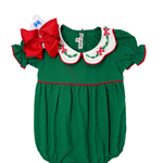Bow & Holly Embroidered Scallop Bubble - Hunter Green Girls Bubbles + Rompers Sweet Dreams