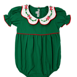 Bow & Holly Embroidered Scallop Bubble - Hunter Green Girls Bubbles + Rompers Sweet Dreams