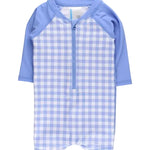 Boys L/S One Piece Rashguard - Perwinkle Blue Gingham Kids Swim Rufflebutts