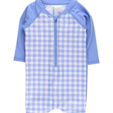 Boys L/S One Piece Rashguard - Perwinkle Blue Gingham Kids Swim Rufflebutts