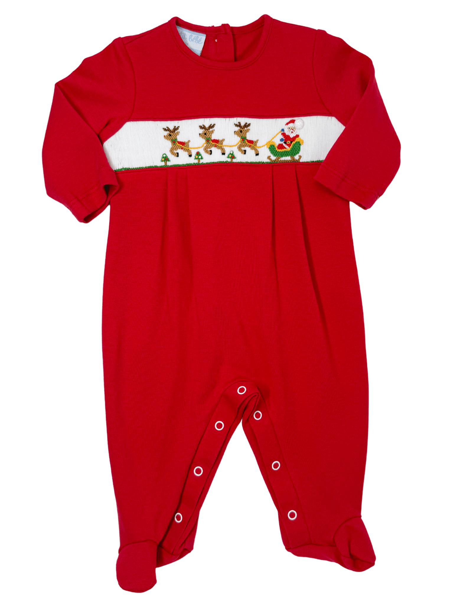 Boys Santa w/ Sleigh Romper - Red Boys Bubbles + Rompers Petit Bebe