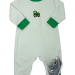 Boys Tractor Romper - Green Stripe Boys Bubbles + Rompers Petit Bebe