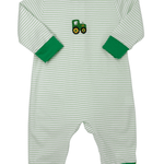 Boys Tractor Romper - Green Stripe Boys Bubbles + Rompers Petit Bebe