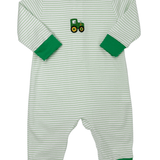 Boys Tractor Romper - Green Stripe Boys Bubbles + Rompers Petit Bebe
