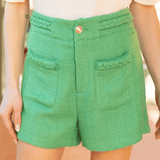 Braid Waist Gold Button Tweed Short - Green Shorts Voy