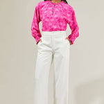 Clever Floral Split Neck Blouse - Fuschia Tops Sugarlips