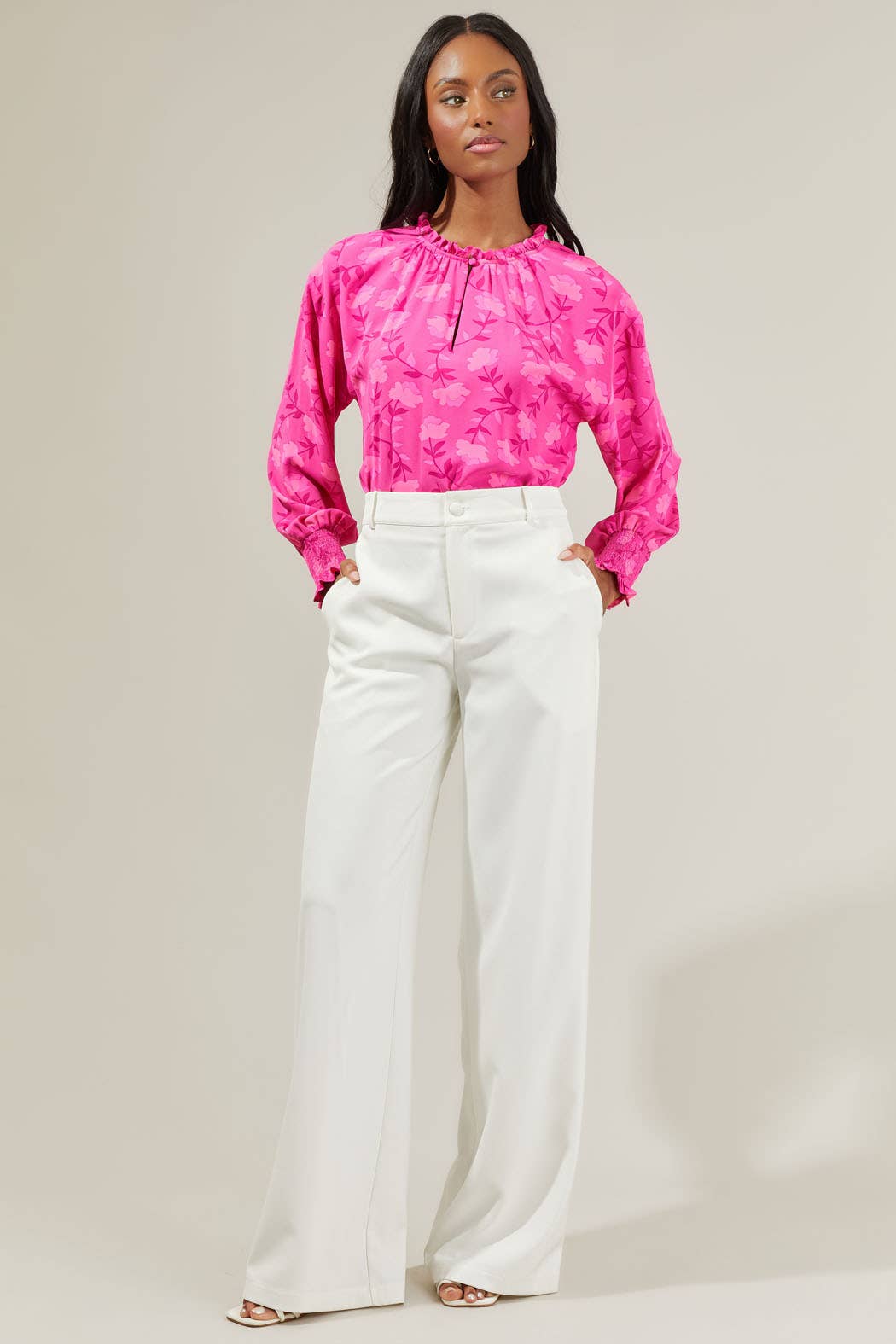 Clever Floral Split Neck Blouse - Fuschia Tops Sugarlips
