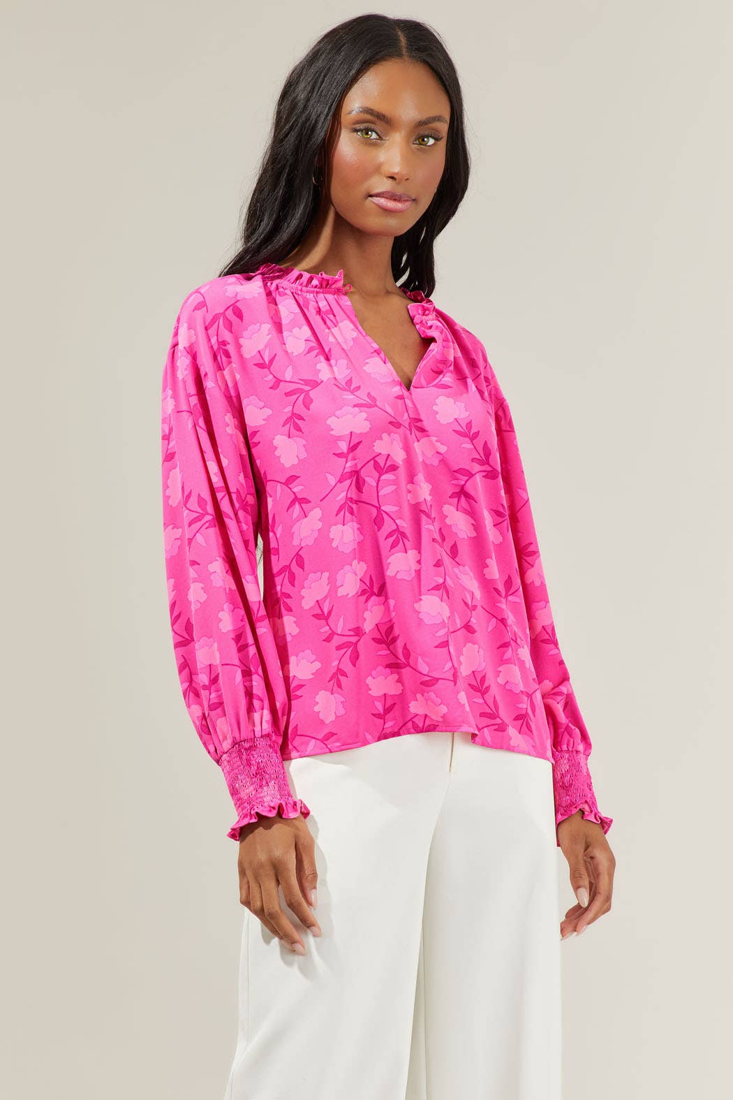 Clever Floral Split Neck Blouse - Fuschia Tops Sugarlips