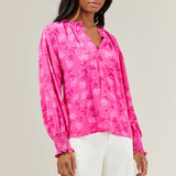 Clever Floral Split Neck Blouse - Fuschia Tops Sugarlips