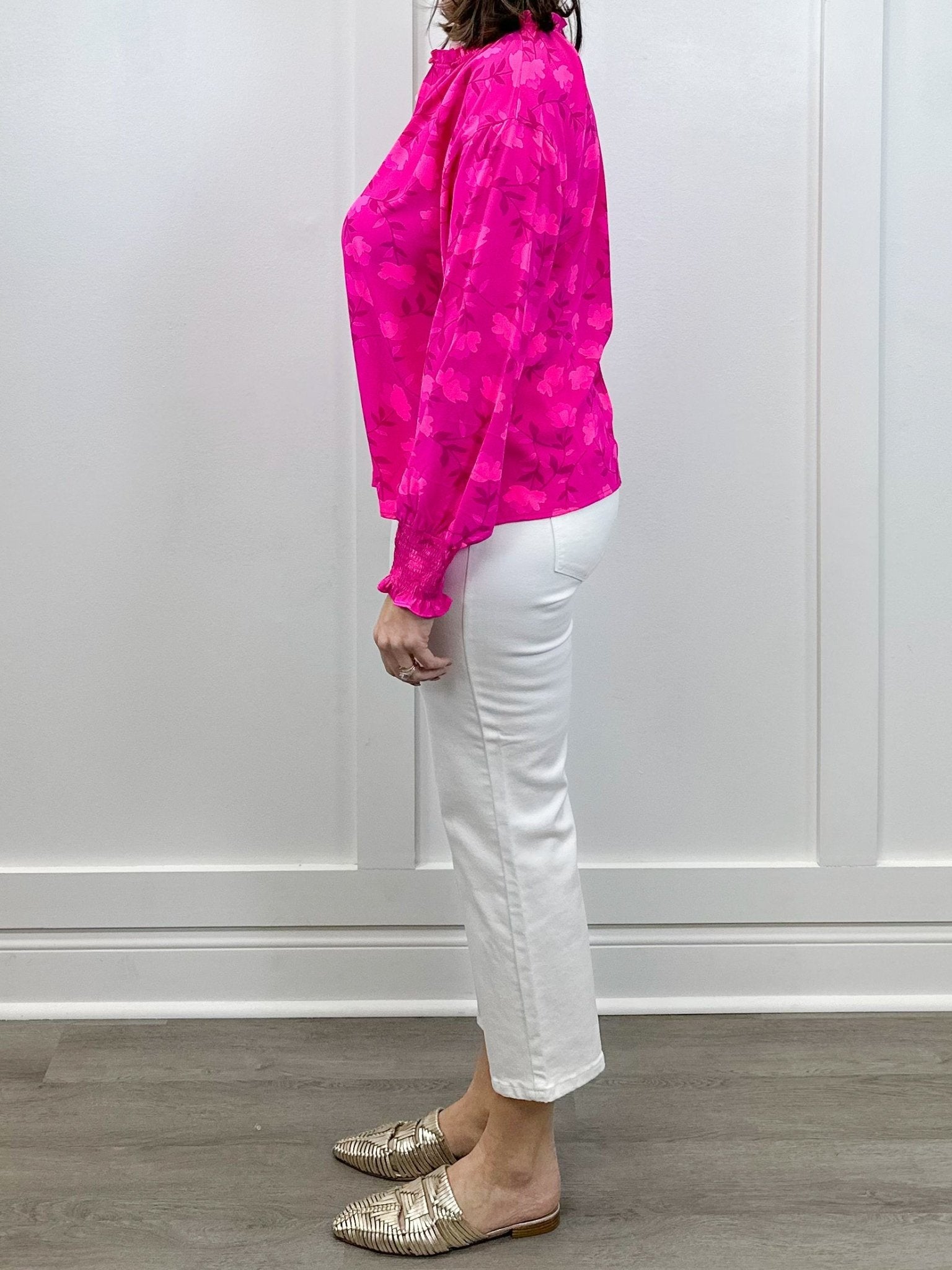 Clever Floral Split Neck Blouse - Fuschia Tops Sugarlips