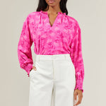 Clever Floral Split Neck Blouse - Fuschia Tops Sugarlips