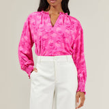 Clever Floral Split Neck Blouse - Fuschia Tops Sugarlips