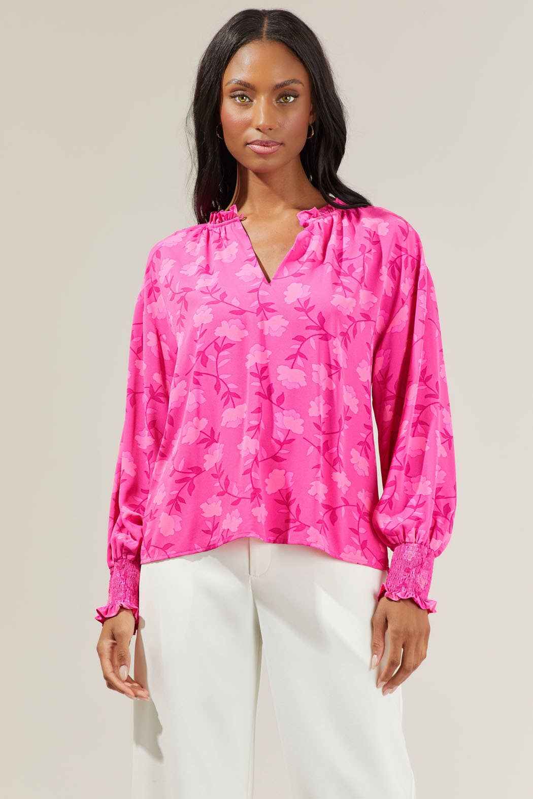 Clever Floral Split Neck Blouse - Fuschia Tops Sugarlips