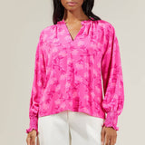 Clever Floral Split Neck Blouse - Fuschia Tops Sugarlips