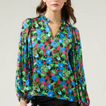 Destine Floral Hathaway Split Neck Long Sleeve Blouse - Green/Blue Tops Sugarlips
