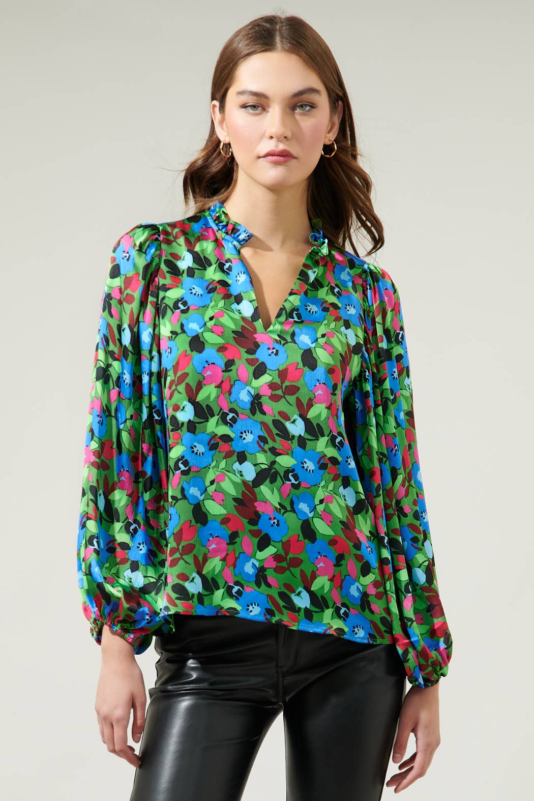 Destine Floral Hathaway Split Neck Long Sleeve Blouse - Green/Blue Tops Sugarlips