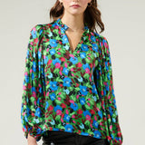 Destine Floral Hathaway Split Neck Long Sleeve Blouse - Green/Blue Tops Sugarlips