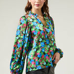 Destine Floral Hathaway Split Neck Long Sleeve Blouse - Green/Blue Tops Sugarlips