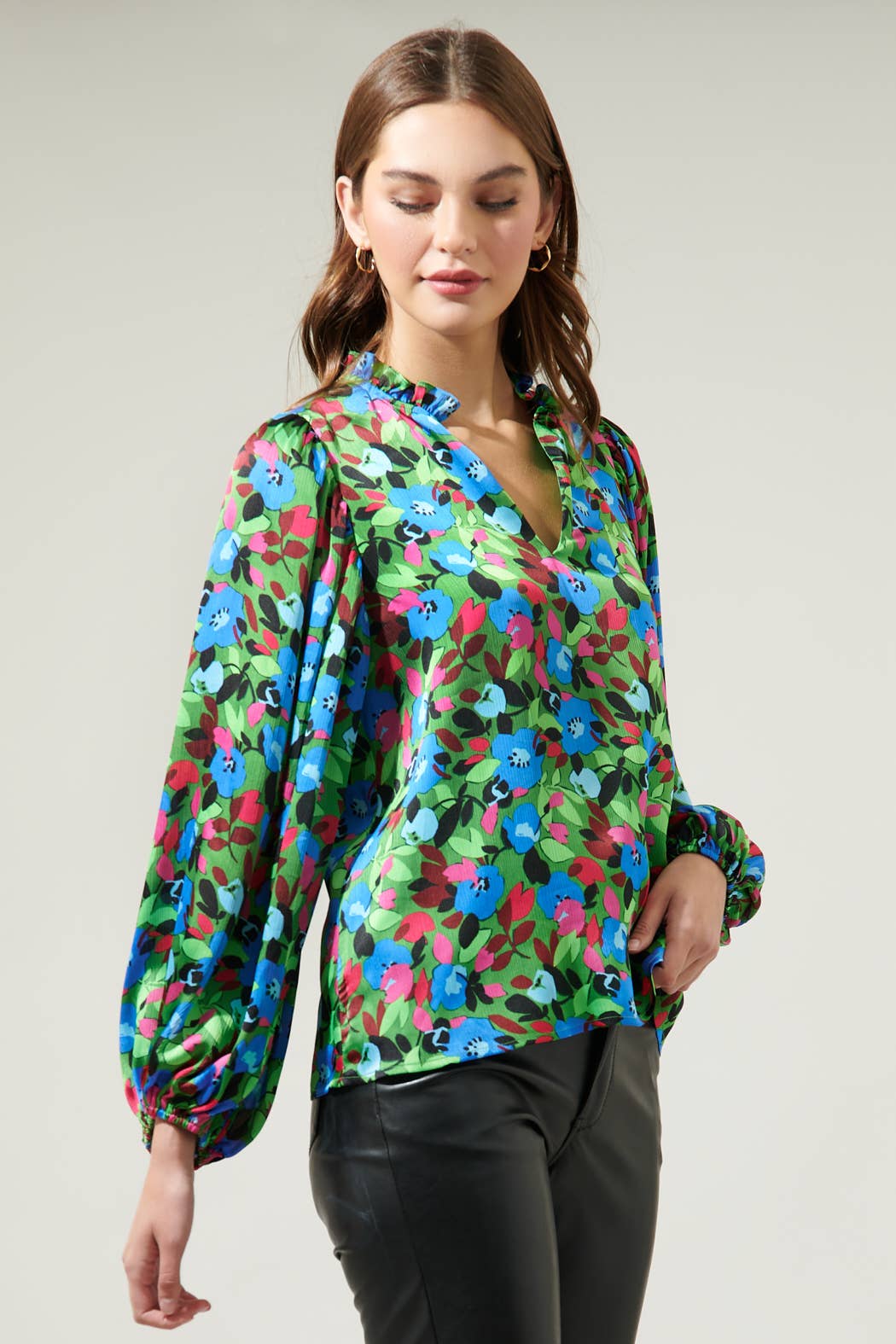 Destine Floral Hathaway Split Neck Long Sleeve Blouse - Green/Blue Tops Sugarlips