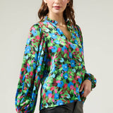 Destine Floral Hathaway Split Neck Long Sleeve Blouse - Green/Blue Tops Sugarlips