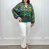 Destine Floral Hathaway Split Neck Long Sleeve Blouse - Green/Blue Tops Sugarlips