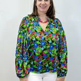 Destine Floral Hathaway Split Neck Long Sleeve Blouse - Green/Blue Tops Sugarlips