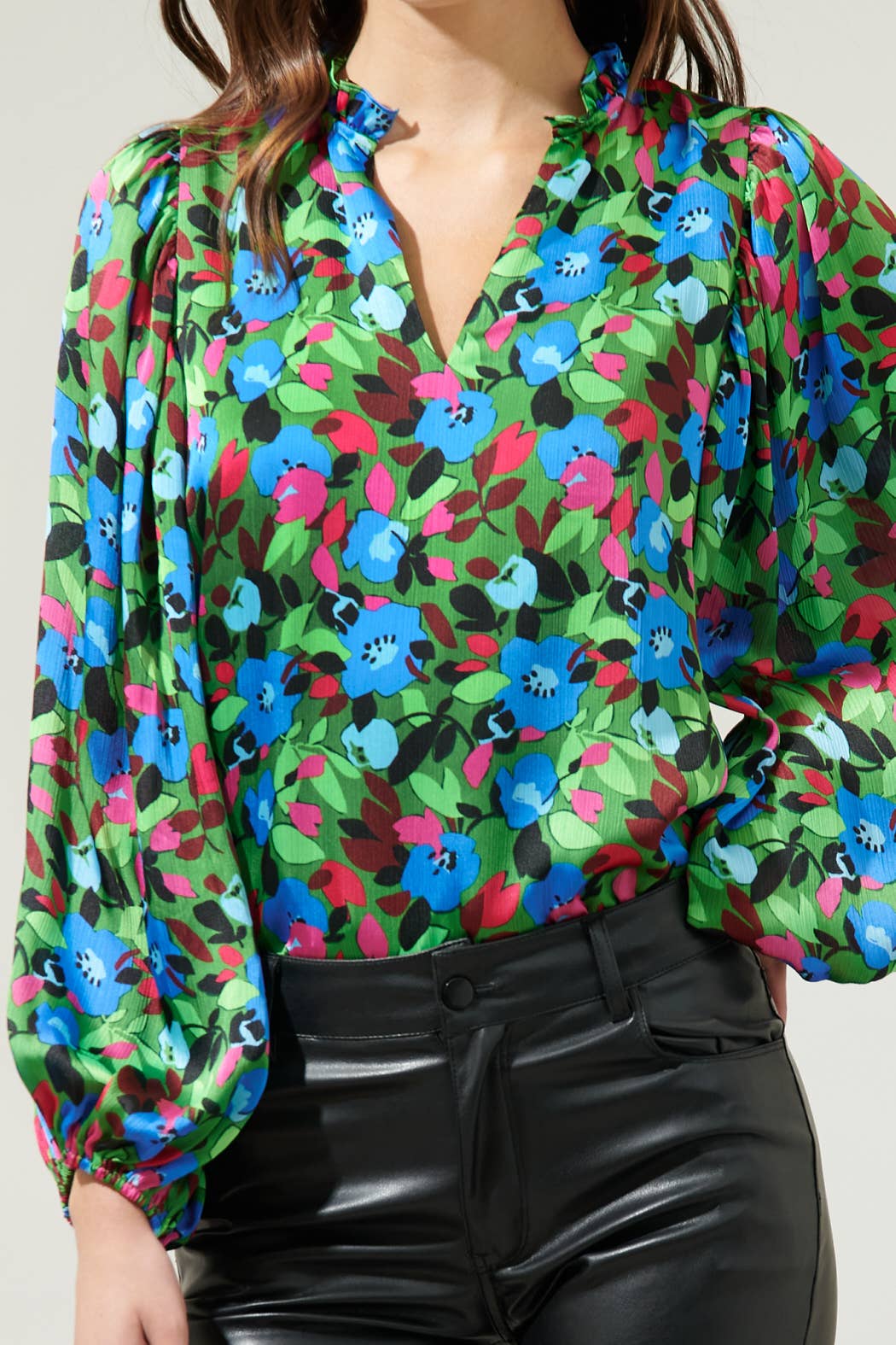 Destine Floral Hathaway Split Neck Long Sleeve Blouse - Green/Blue Tops Sugarlips