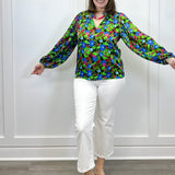 Destine Floral Hathaway Split Neck Long Sleeve Blouse - Green/Blue Tops Sugarlips