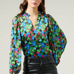 Destine Floral Hathaway Split Neck Long Sleeve Blouse - Green/Blue Tops Sugarlips