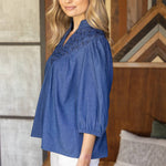 Olivia Textured Yoke Top - Blue Denim Tops VOY
