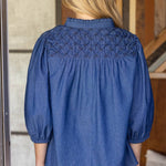 Olivia Textured Yoke Top - Blue Denim Tops VOY