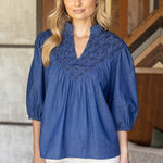 Olivia Textured Yoke Top - Blue Denim Tops VOY