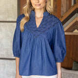 Olivia Textured Yoke Top - Blue Denim Tops VOY
