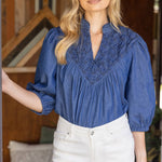 Olivia Textured Yoke Top - Blue Denim Tops VOY