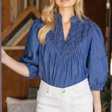 Olivia Textured Yoke Top - Blue Denim Tops VOY