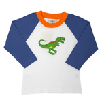 Dinosaur Raglan L/S Shirt - Steel Blue/Orange - Sugar Babies Children's Boutique/Meg's Shoppe