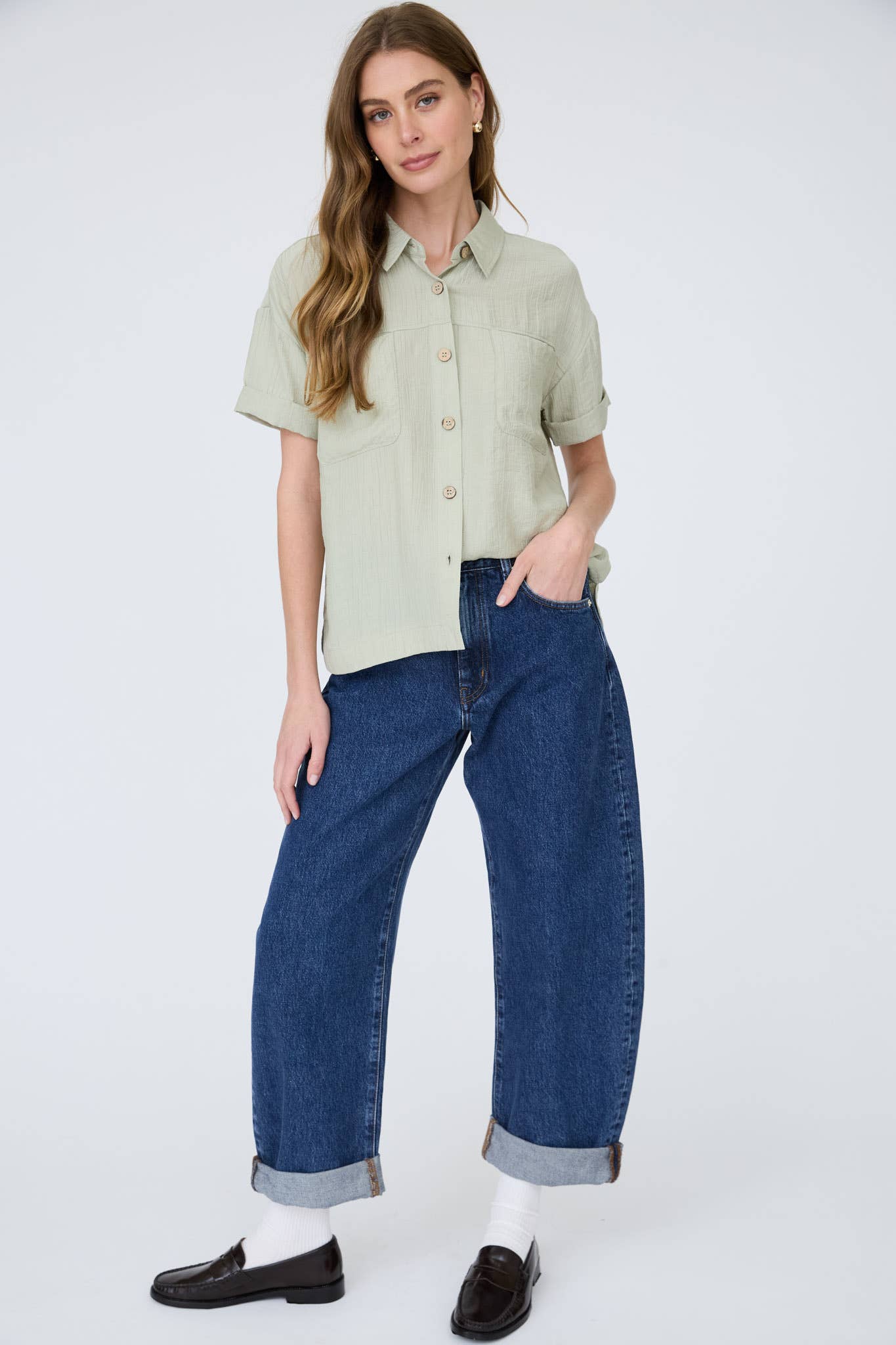 Canyon Comfort Button-Down Top - Sage Tops Blu Pepper