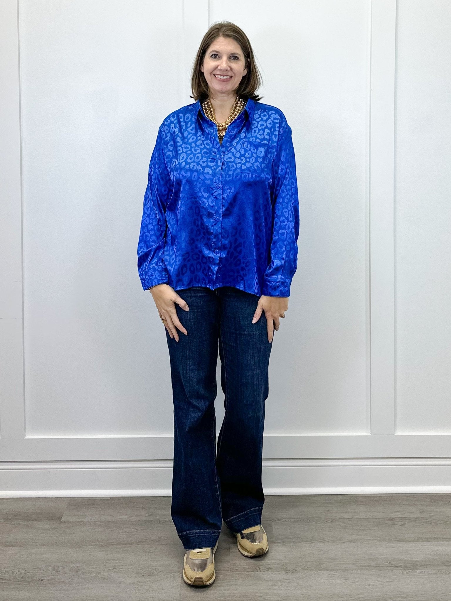 Electric Leopard Blouse - Sapphire Tops Umgee