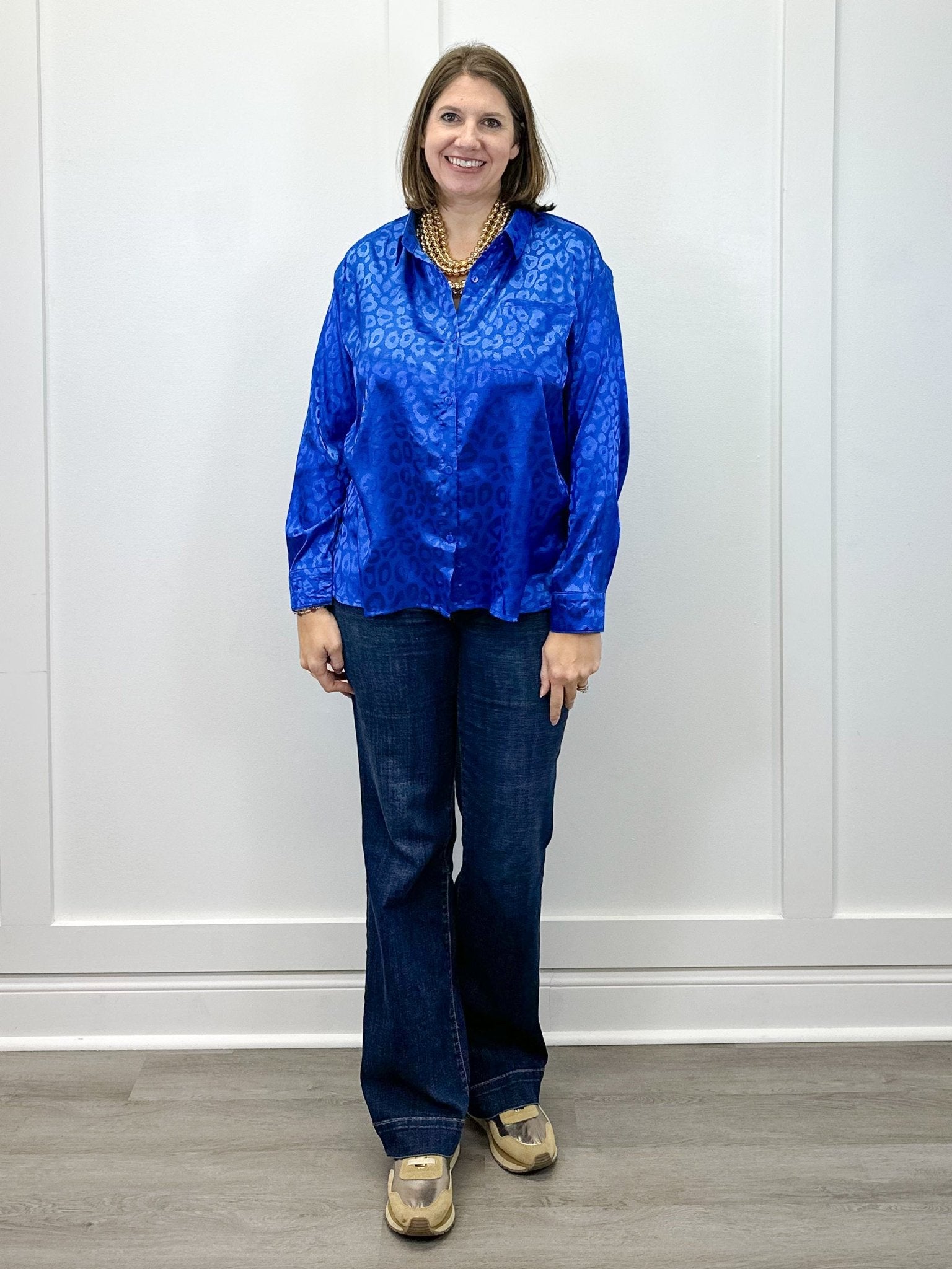 Electric Leopard Blouse - Sapphire Tops Umgee