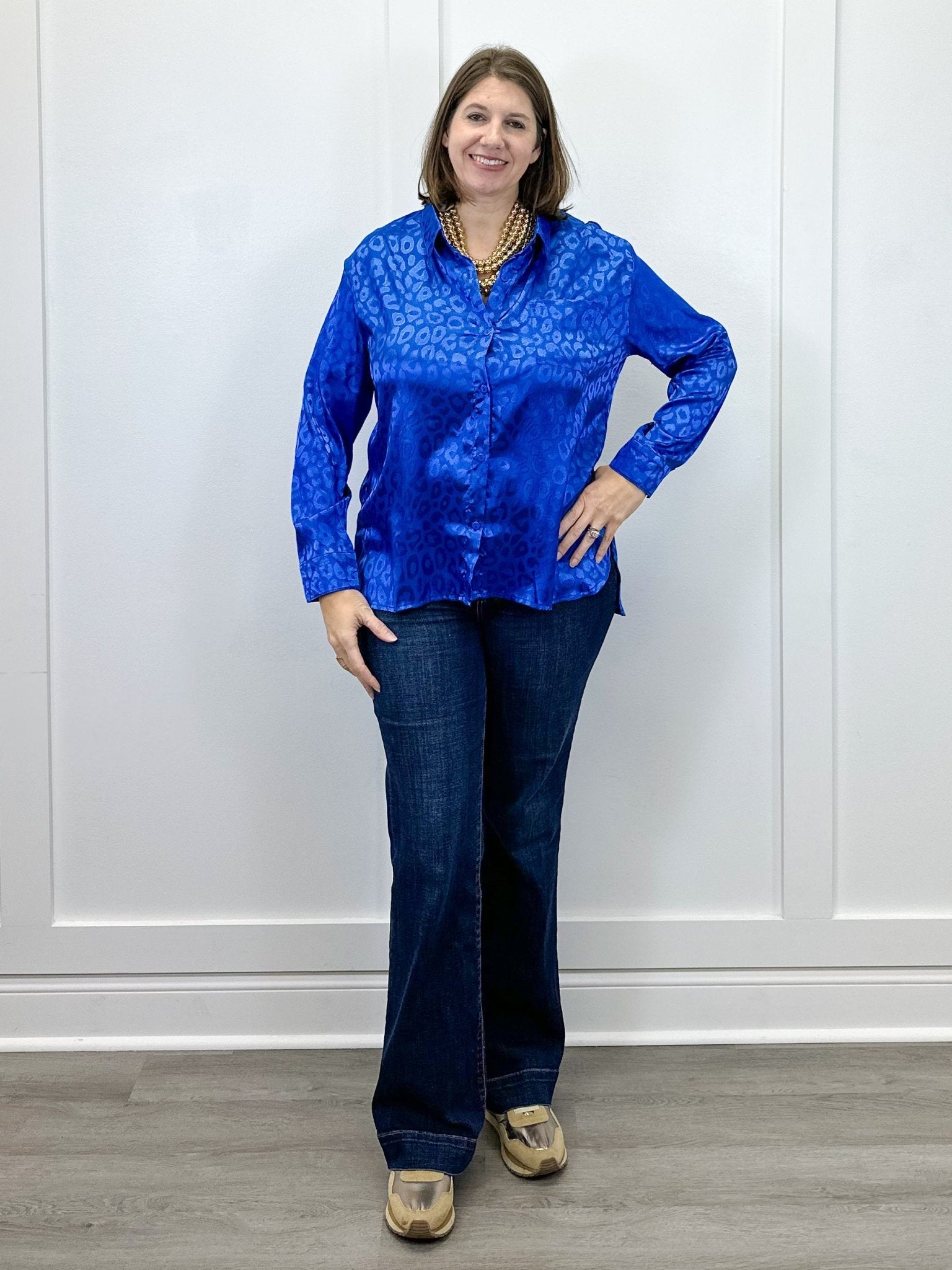 Electric Leopard Blouse - Sapphire Tops Umgee