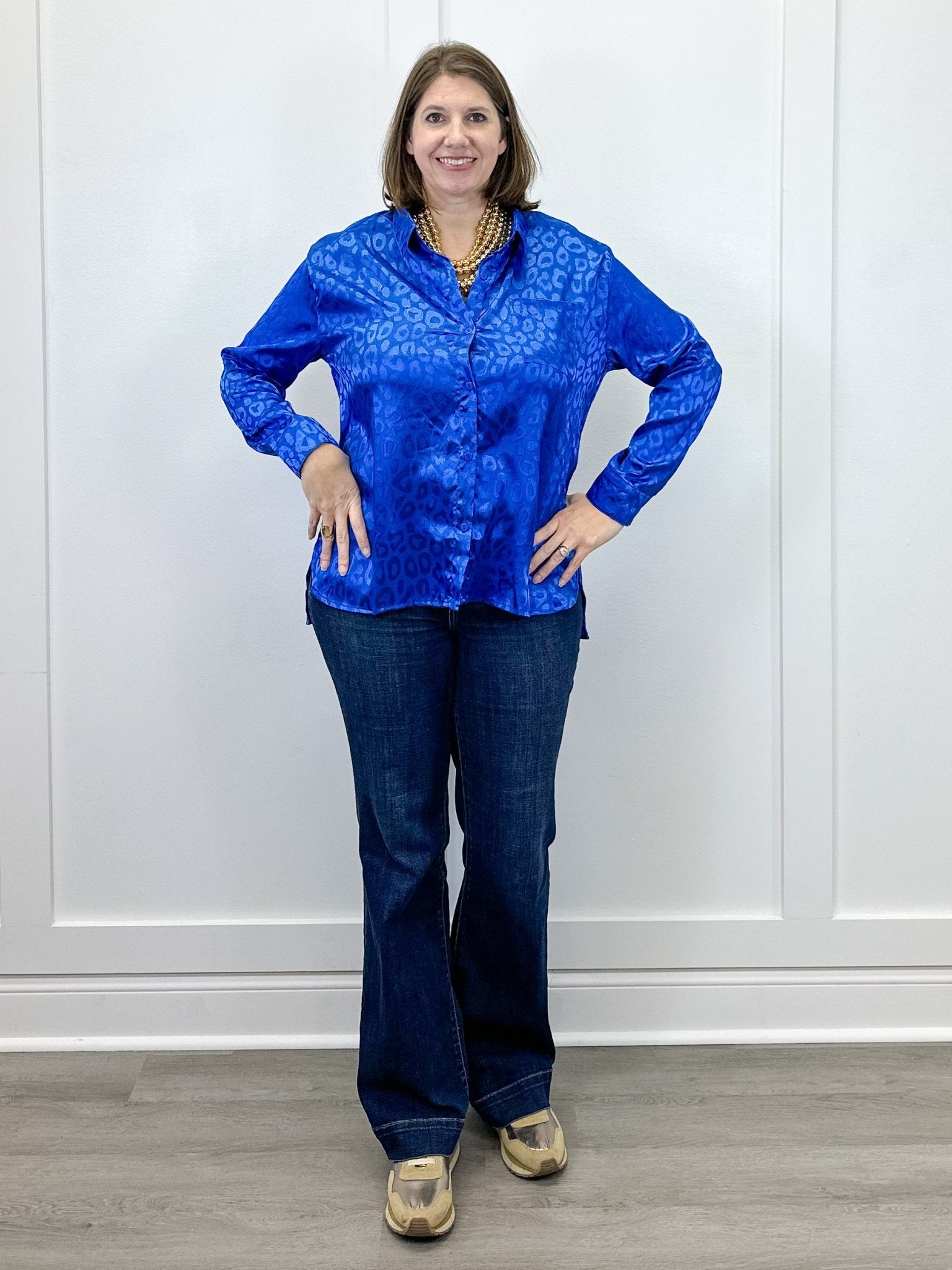 Electric Leopard Blouse - Sapphire Tops Umgee
