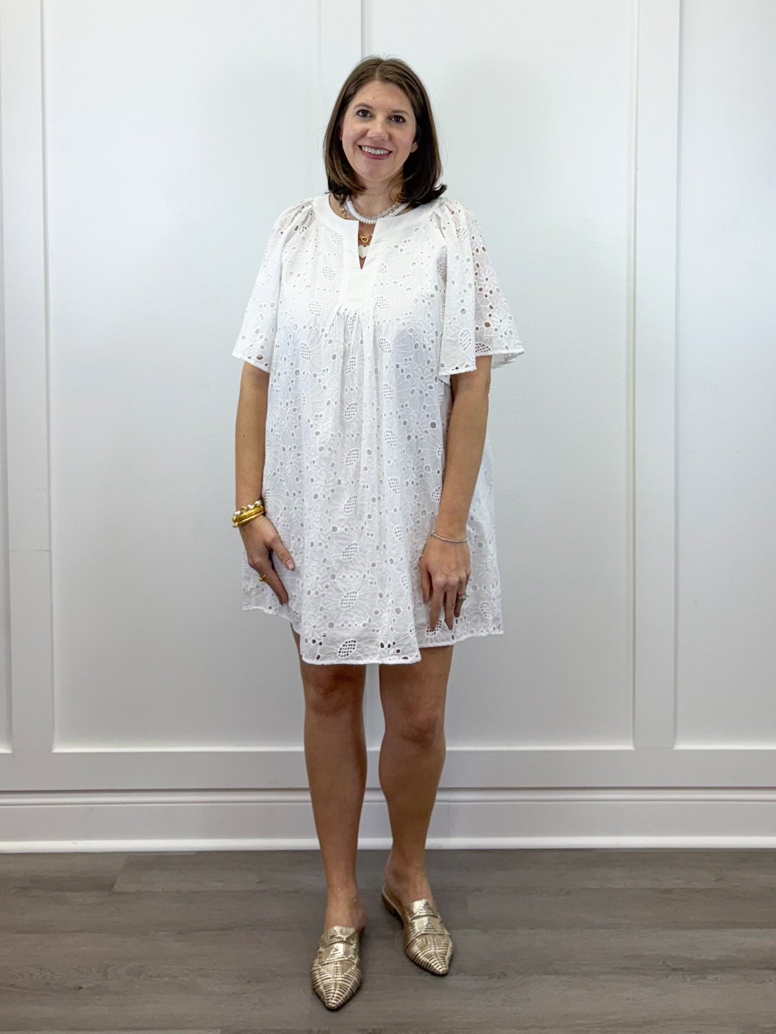 Eliza Eyelet Mini Dress - Off-White Short Dresses Jodifl