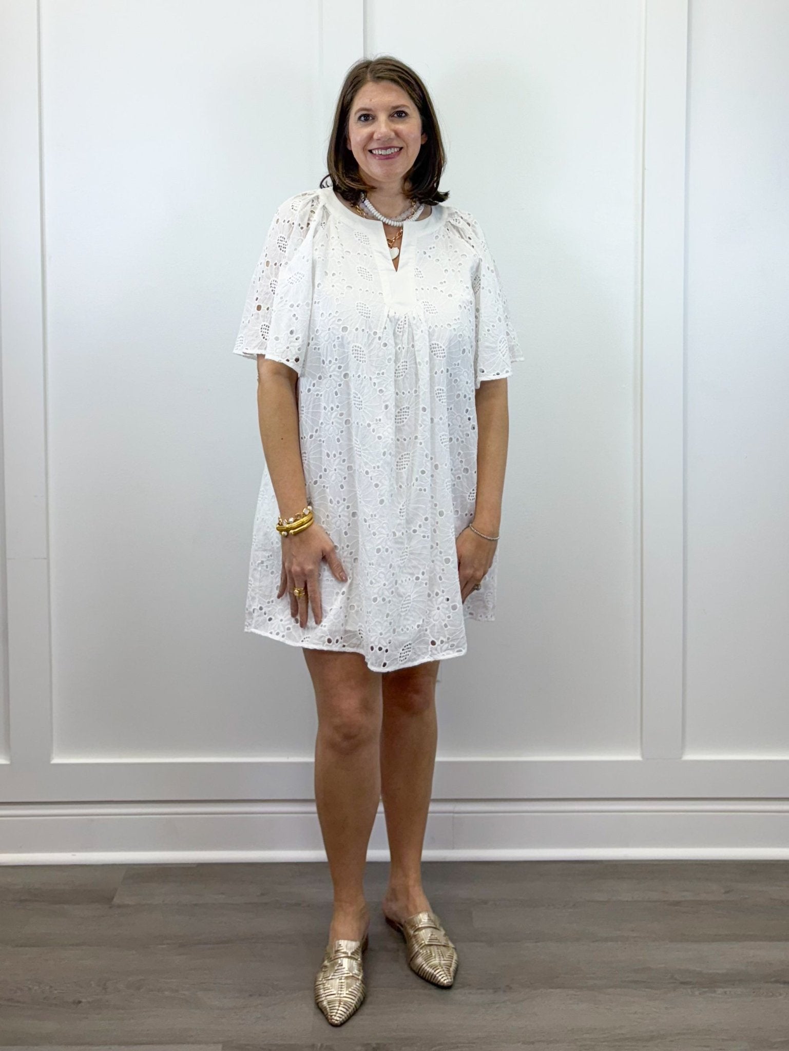 Eliza Eyelet Mini Dress - Off-White Short Dresses Jodifl