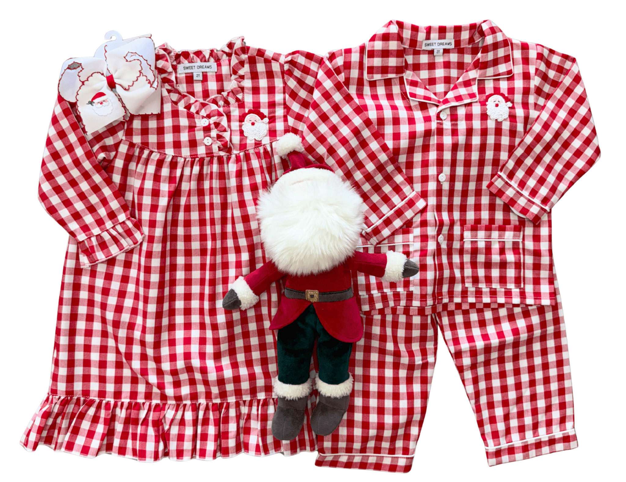 Embroidered Santa Red Gingham Pajamas Kids Pajamas Sweet Dreams